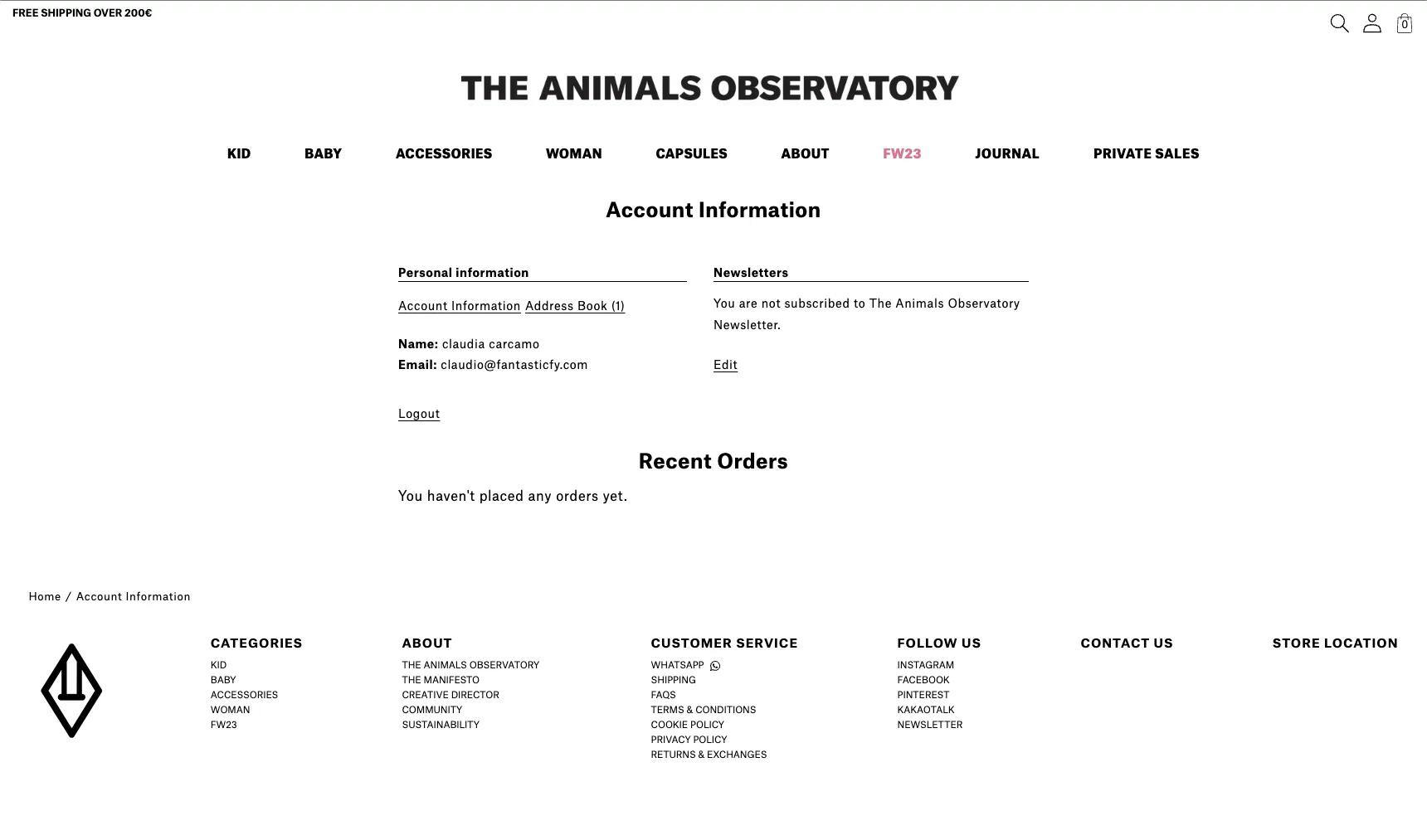 Custom Account page in Shopify Plus - The Animals Observatory
