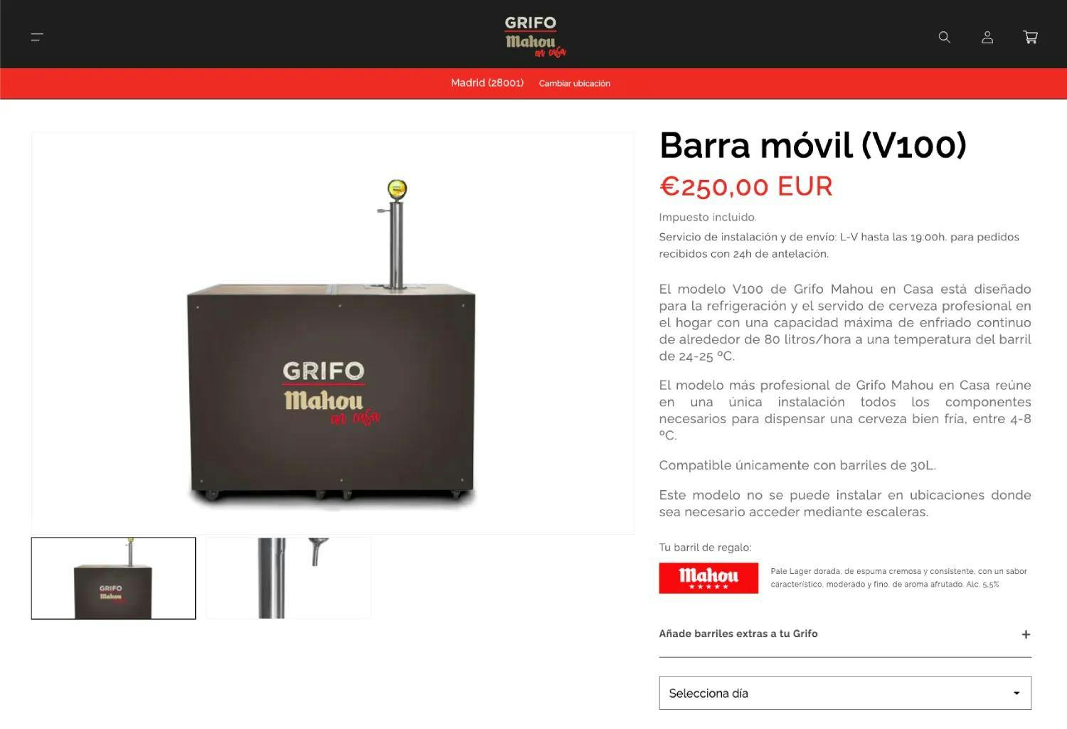 Página de producto personalizada - Grifo Mahou en casa